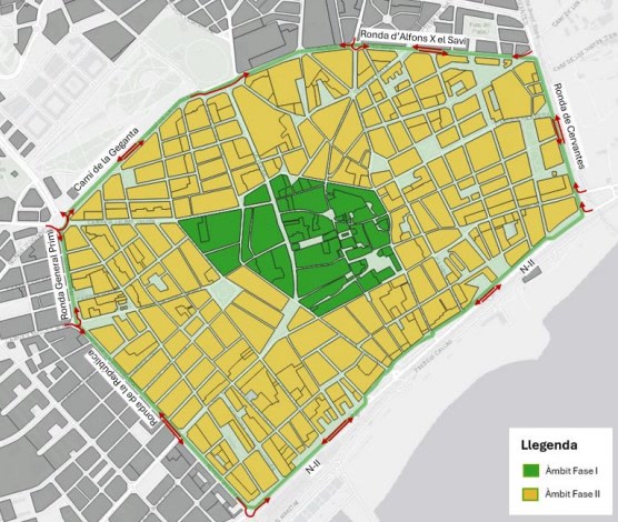 Delimitació de les dues fases d'implantació de la Zona de Baixes Emissions de Mataró.
